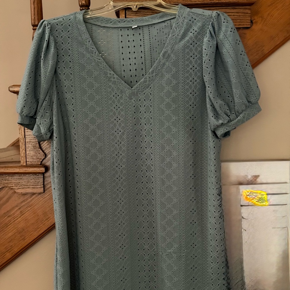 Green Eyelet V-Neck Blouse
